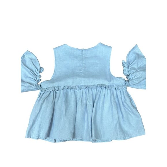 J.O.A. Los Angeles Layered Ruffle Cold Shoulder Top Chambray 100% Linen Size S - Picture 7 of 8